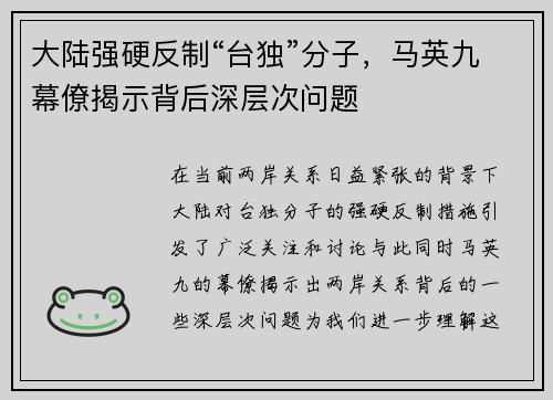 大陆强硬反制“台独”分子，马英九幕僚揭示背后深层次问题