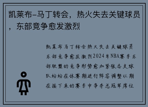 凯莱布-马丁转会，热火失去关键球员，东部竞争愈发激烈
