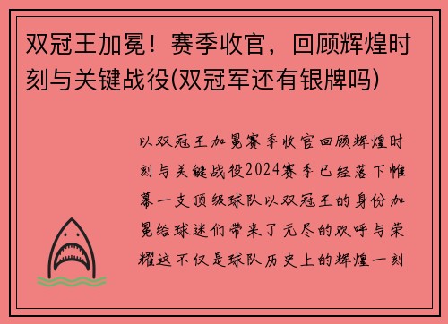 双冠王加冕！赛季收官，回顾辉煌时刻与关键战役(双冠军还有银牌吗)