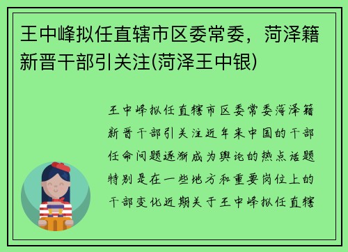 王中峰拟任直辖市区委常委，菏泽籍新晋干部引关注(菏泽王中银)