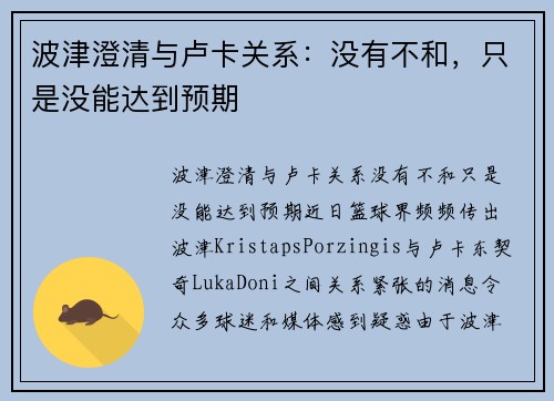 波津澄清与卢卡关系：没有不和，只是没能达到预期