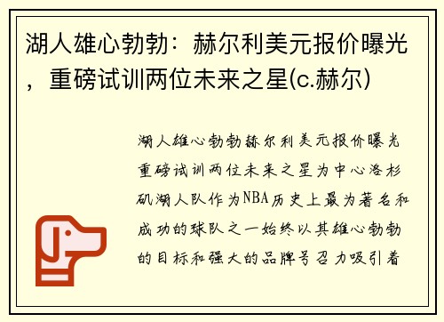 湖人雄心勃勃：赫尔利美元报价曝光，重磅试训两位未来之星(c.赫尔)